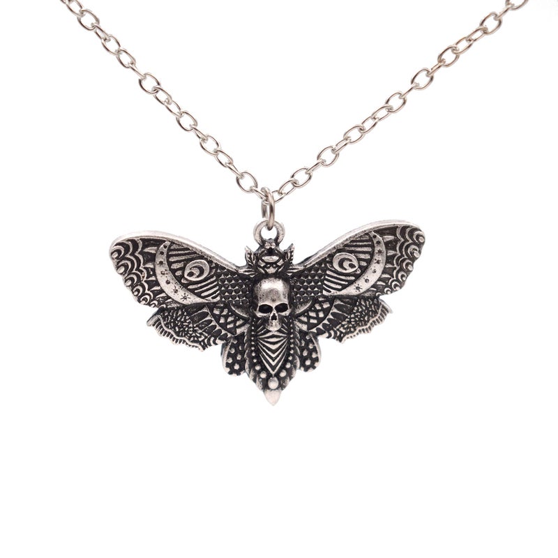 SanLan Big Skull and Dead Moth Head Insect Jewellery Butterfly Pendant Necklace (Silver & Style 2) - Image 1